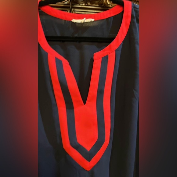 Navy Blue & Red Slightly Sheer Top Sz Large - Picture 2 of 4